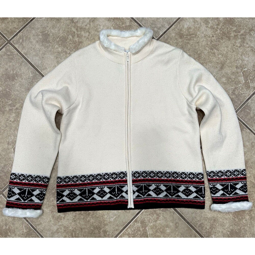 VTG Pendleton Sweater Womens L Virgin Merino Wool Full Zip Faux Fur Trim